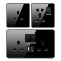 Grandes interrupteurs et prises électriques de luxe, interrupteur pour la vitesse du ventilateur, design noir, prise murale britannique 13A, interrupteur d'éclairage mural 2 gang USB-C
