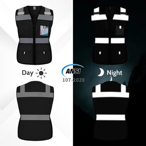 Gilet di Sicurezza Femminile Personalizzabile ad Alta Visibilità, Nero Classe 2, Regolabile, Multi-Tasca per Edilizia e Ingegneria - Product Image 4