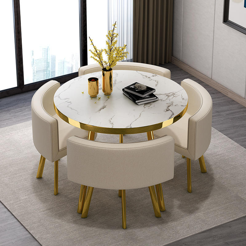 Table ronde blanche + chaises en cuir beige