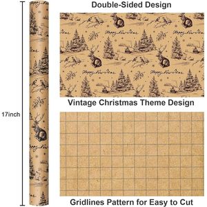 MAYPLUSS Kraft Christmas <b>Wrapping</b> <b>Paper</b> Roll 17 Inch X 33 Feet Vintage Reindeer Tree Bird Print Brown Holiday Gift Wrap - Product Image 3