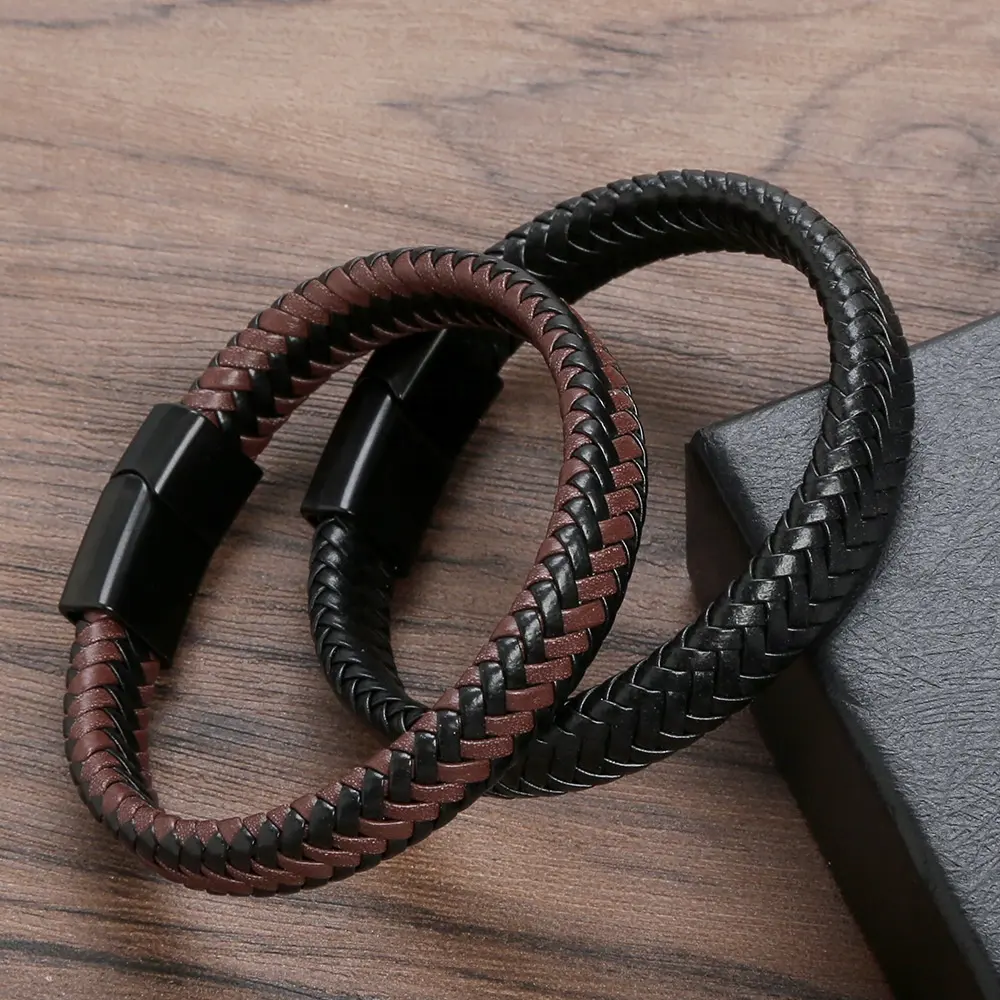 Trendy Promotional Cheap Men Vintage Black Leather Bracelet For Male Gift Wristband Jewelry