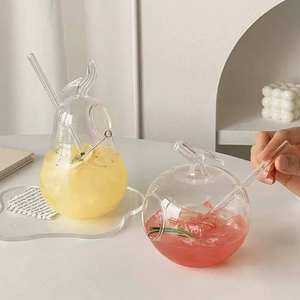 Taza de cristal de fruta de manzana de pera bonita, taza de paja de té de leche resistente al calor, taza de jugo de cola - Product Image 6