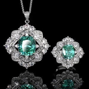 Vente en gros d'usine, ensemble de bagues et pendentifs en cuivre écologique, zircon vert Paraiba 14*16/10*12mm, magnifiques ensembles de bijoux pour femmes - Product Image 3