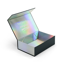 Boîte rigide pliable pour perruque, expédition à plat, extérieur noir mat + intérieur arc-en-ciel holographique, boîte d'emballage pour perruque de marque