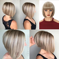 Perruque complète en cheveux naturels sans lacet, style bob, fabrication à la machine, courte, couleurs mélangées blond et brun, modèle 024