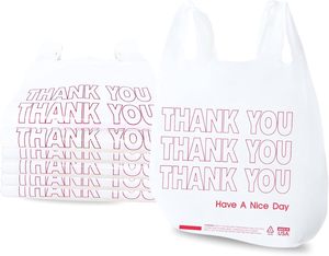 ถุงช้อปปิ้งแบบมีหูหิ้วสีขาว PE ย่อยสลายได้ทางชีวภาพ ขอบข้างเสริมผนึก สำหรับใส่สินค้า ของชำ ของฝาก ของชำร่วย ขอบคุณที่ซื้อสินค้า - Product Image 1