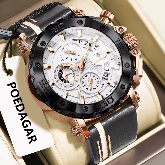 POEDAGAR 892 Fashion Quartz Men Watches Top Brand Luxury Waterproof Luminous Date Man Clock Leather Band Sport Men's Wrist Watch