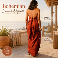 Robe longue bohème pour femme, col halter, dos nu, en gaze froissée, à volants superposés, fluide, pour l'été, la plage et les vacances
