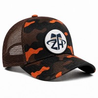 Casquette de chasse unisexe style camionneur, imprimé camouflage orange, dos en maille, fermeture snapback, visière incurvée, six panneaux, réglable, vente en gros