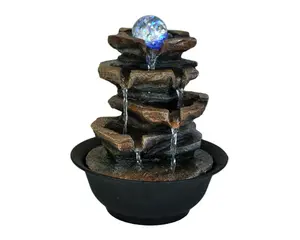 Полимерный современный Настольный фонтан, пятислойная отделка камнем с шаровой подсветкой, настольный фонтан фэн-шуй для украшения
