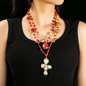 Collar Doble de Piedras Preciosas con Cuentas de Coral Rojo Natural Vintage y Perla Chapada en Oro para Mujer, Joyería para Fiesta de Bodas - Product Image 5