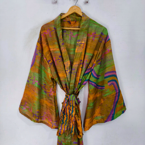 Robe en soie longue jusqu'aux chevilles, robe multicolores, robe de nuit, robe indienne vintage en soie recyclée, kimono en sari - Product Image 1