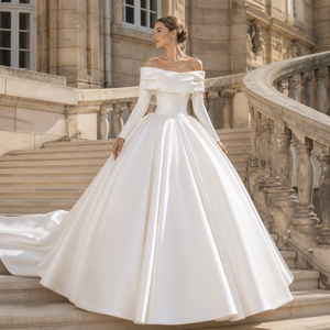 LY103 Minimalist Satin Off Shoulder <b>Boat</b> Neck Bridal Ball Gown Wedding Dresses For Women - Product Image 1