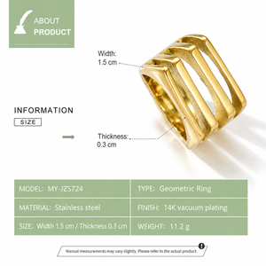 Anillo Geométrico Ancho de Acero Inoxidable con Cuatro Rieles Calados, Color Oro o Plata, 1.5 cm de Ancho, Joyería de Diseño - Product Image 4