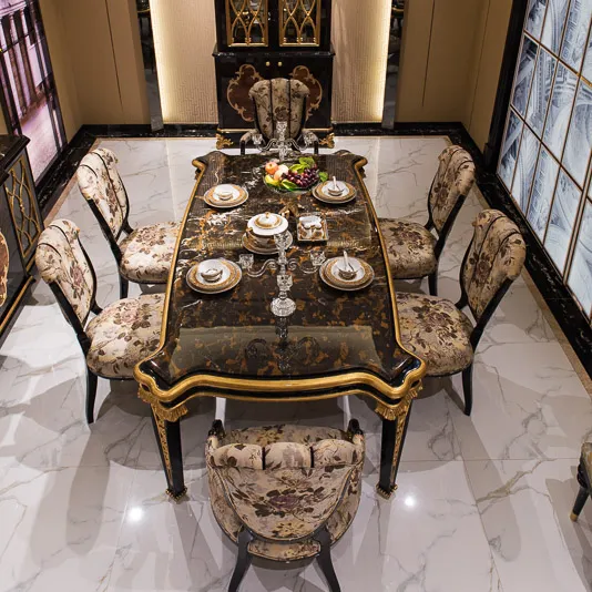 New Luxury Dining Room Dining Tables, Dining Room Sets 6 fabric Dining Chairs, Black Natural Marble Dining Table Set French