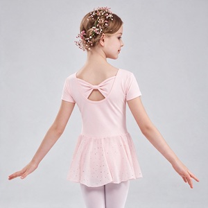 Kids Short Sleeve V Neck Ballet Leotard Dress, Pink <b>Glitter</b> Tulle Tutu <b>Skirt</b> Girls Gymnastics Dance Costume for Training Perform - Product Image 5