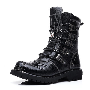 Men's Mid-Calf Moto <b>Boots</b> Black <b>Leather</b> Thick Sole Anti-Slip Low Heel Rubber Outsole EVA Midsole Trendy Riding <b>Work</b> <b>Boots</b> - Product Image 4