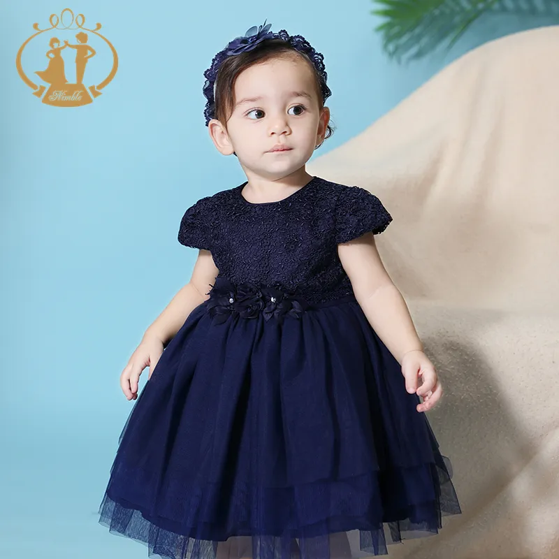 Gaun Katun Nimble Bayi Baru Lahir 6 Bulan-24 Bulan, Gaun Ulang Tahun Bayi 2 Potong dengan Ikat Kepala, Gaun Tutu Bayi Renda Bunga Navy