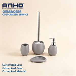 Ensemble complet de meubles de salle de bain en polyrésine <span class=keywords><strong>effet</strong></span> sable, 5 pièces, avec distributeur de savon, gobelet, porte-savon et porte-<span class=keywords><strong>brosse</strong></span> de toilette - Product Image 1