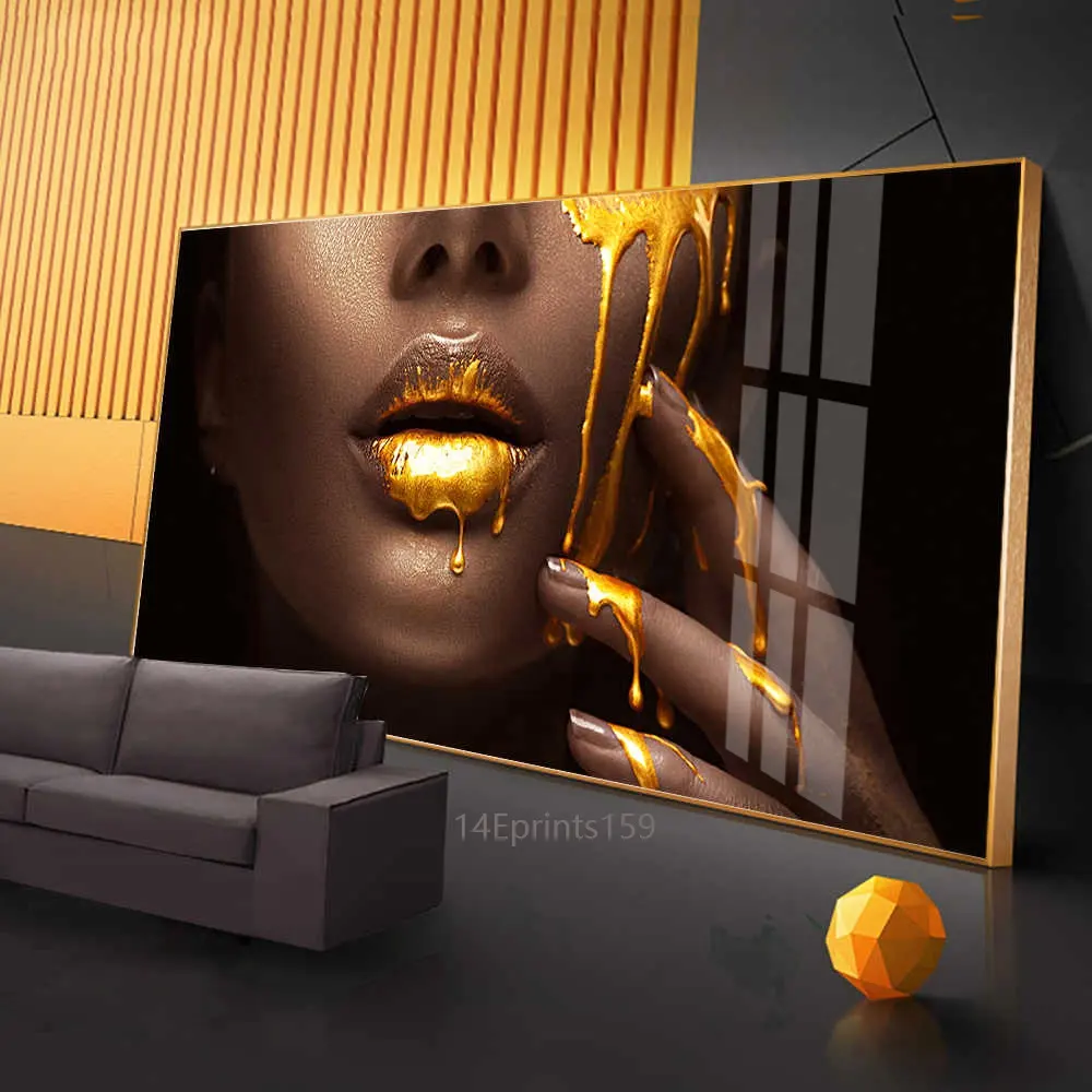 Vàng Sexy Lip Đen Phi Khỏa Thân Người Phụ Nữ UV In Trên Acrylic Crystal Sứ Tranh Nghệ Thuật Tường Châu Phi
