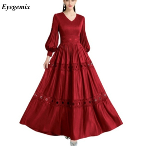 9930 #   Elegante Abito Lungo da Donna con Scollo a V, Tinta Unita, Maniche Lunghe Plissettate e Decorazioni in Pizzo Traforato <span class=keywords><strong>per</strong></span> Primavera, Estate e Autunno - Product Image 1