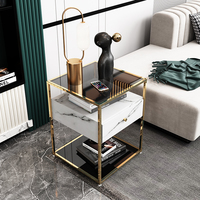 Table d'angle moderne avec tiroir, plateau en verre trempé, structure en métal, table d'appoint pour salon, chambre à coucher, maison