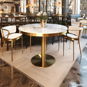Depuis 2005, table basse ronde en marbre naturel personnalisé, cadre doré, pieds métalliques en acier inoxydable doré