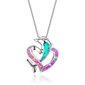 Elegante rosa Feuer Opal niedlichen Delphin Anhänger Halsketten für Frauen 925 Silber Tiers chmuck langkettige Halskette