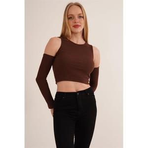 Blouse Marron Vintage à Détail d'Épaule, Col Rond, Technique Lavée, Respirante, Style Tendance pour Été Printemps Automne XL - Product Image 1