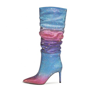 Bottes hautes pour femmes avec strass colorés et diamants mélangés, chaussures sexy à bout pointu et talon aiguille, bottes longues pour femme, grande taille 47, bottines - Product Image 2