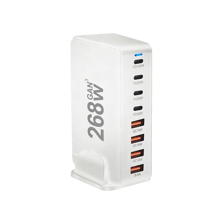 Nuevo estilo 268W GaN Cargador 8 en 1 Usb C Estación de carga familiar de teléfono de escritorio para múltiples dispositivos Puertos de carga para EU/US/AU