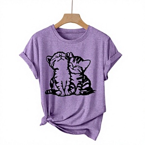 T-shirt à manches courtes pour homme, imprimé chats de dessin animé violets, col rond, coupe classique, style décontracté, tissu jersey 100% coton, OEM personnalisé - Product Image 1