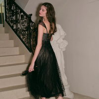 Robe longue en tulle noir à col carré pour femme, à pois, manches courtes, coupe trapèze, élégante, personnalisée, pour soirée ou tenue décontractée