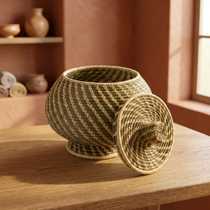 Handwoven Grass <b>Round</b> <b>Basket</b> with Festive Trim Eco-Friendly Stylish Storage From Orissa - Product Image 3