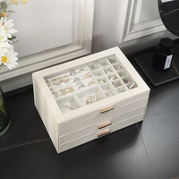 Caja de Almacenamiento de Joyas Rectangular de Gran Capacidad, Estilo Europeo de Alta Gama, Material PU+Plástico, Impresión de Logotipo Personalizado, con Ventana