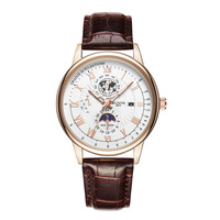 Montre pour homme Wlisth 6140 avec bracelet en cuir véritable, cadran décoratif, phase lunaire, chiffres romains, étanche à l'eau, montre-bracelet masculine