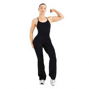 Combinaison de yoga noire pleine longueur pour femme, bretelles spaghetti, taille haute, respirante, couleur unie, ensemble 2 pièces, personnalisable à l'avant - Product Image 1