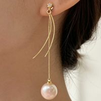 Boucles d'oreilles pendantes en argent 925 plaqué or avec pompon, perle d'eau douce de forme ronde de 12-14 mm, style classique