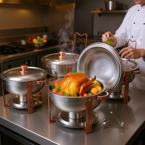 Vevor Juego de 4 piezas de calentadores de comida redondos de acero inoxidable de 5 cuartos de galón, con acabado en oro rosa, equipo para mantener el calor - Product Image 2