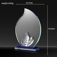 Trophée en cristal transparent gravé sur mesure, design feuille, vente en gros, trophée artisanal en verre cristal