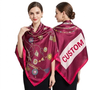 Pañuelo de Seda 100% Real de Marca Personalizada para Mujer, Chal Cuadrado Color Borgoña con Patrón de Sol y Cadena de Joyería, Pañuelo de Cabeza de Lujo - Product Image 1