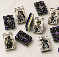 Ensemble de Mahjong Américain Gothique de Luxe pour Halloween, 160 Tuiles avec Motif Crâne, Lune Sanguine et Corbeau en Porcelaine Bleue, pour la Vente en Gros