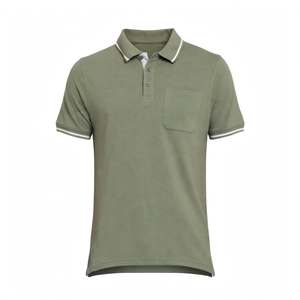 Men's Olive Green Short Sleeve Polo <b>Shirt</b> Solid Color Pique Knit Casual Wear With <b>Pocket</b> And Contrast Trim Polo <b>Shirts</b> - Product Image 1