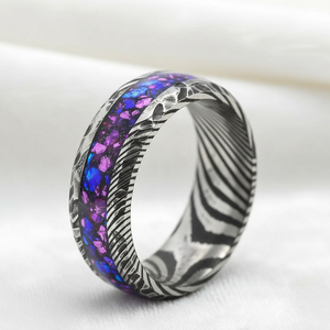 Bague de fiançailles ou de mariage personnalisée en acier damas 8 mm avec incrustation d'<span class=keywords><strong>opale</strong></span> galactique, tendance, plaquée <span class=keywords><strong>noire</strong></span>, pour homme, femme, couple - Product Image 3