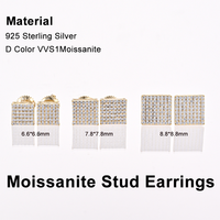 Boucles d'oreilles clous carrées en argent sterling 925 avec moissanite VVS, testées au diamant, 6mm 7mm 8mm, fermoir à vis creux GRA, style Hip Hop