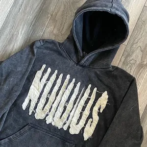 Manufacturer Custom Distressed Patch Embroidery Vintage Applique Stitching <strong>Cut</strong> <strong>and</strong> <strong>Sew</strong> Men Cropped Stone Acid Washed <strong>Hoodie</strong> - Product Image 2
