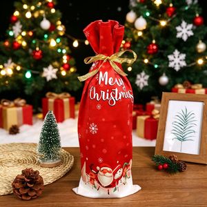 Sacs cadeaux écologiques pour bouteilles de vin <span class=keywords><strong>Joyeux</strong></span> Noël, housses imprimées Père Noël et rennes avec ruban doré, réutilisables pour fêtes de fin d'année - Product Image 5