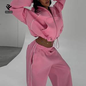 Ensemble de sweat-shirt à <span class=keywords><strong>capuche</strong></span> en molleton de coton rose pâle pour femmes, pantalon ample surdimensionné, veste à <span class=keywords><strong>capuche</strong></span> courte, pantalon évasé, ensemble de survêtement - Product Image 2