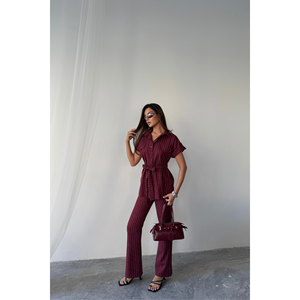 Conjunto Casual de 2 Piezas para Mujer, Blusa y Pantalón de Poliviscosa a Rayas Borgoña, Corte Holgado para Otoño e Invierno - Product Image 4