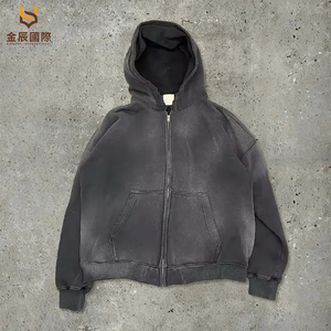 Sweat à capuche de haute qualité en coton 100% avec effet délavé à l'acide, fermeture éclair et broderie vieillie - Product Image 1